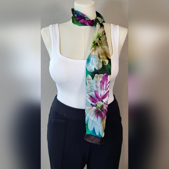 HARVE BENARD Elegant Teal Floral Silk Scarf - 53 x 10 (NWT) - Picture 4 of 8